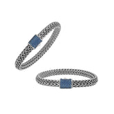 Sterling silver 7x9 mm handcrafted Bali bracelet with Blue Topaz Quartz stone clasp and oxidized polish.